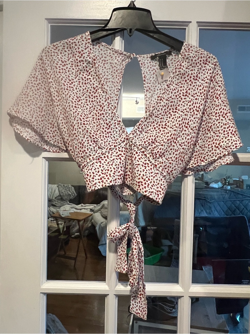 Forever 21 White Crop Top with Red Dot Print and Front Tie